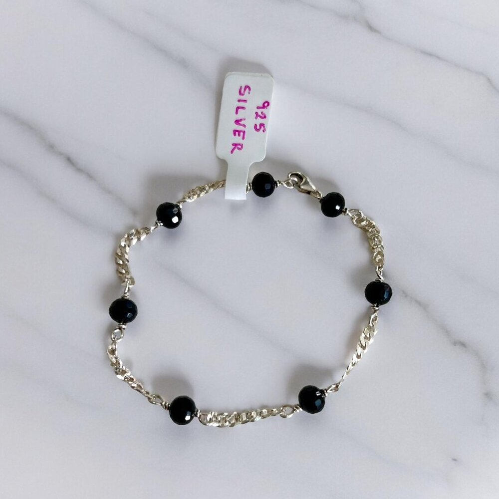 Black Stone Beads Chain-link 925 Sterling Silver Bracelet